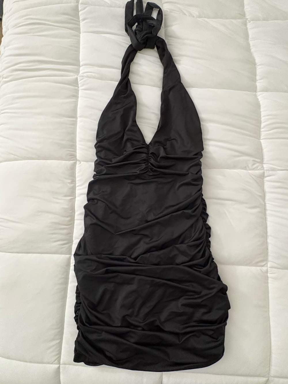 Black Halter Ruched Bodycon Mini Dress (Size: M)